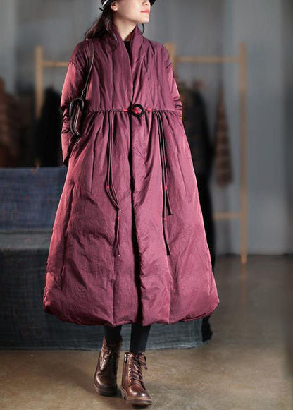 Plus Size Mulberry V Neck Embroideried Pockets Duck Down Women Witner Coats