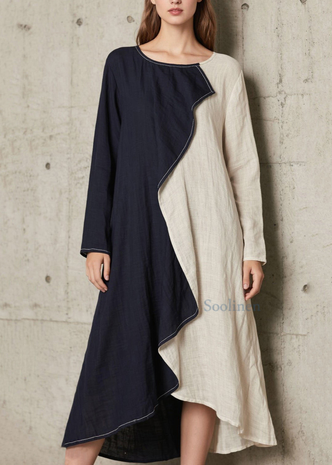 Plus Size Navy Asymmetrical Patchwork Cotton A Line Dress Spring