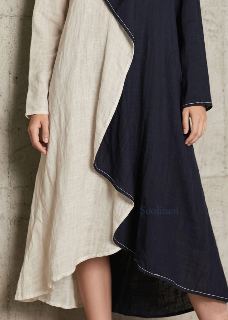 Plus Size Navy Asymmetrical Patchwork Cotton A Line Dress Spring