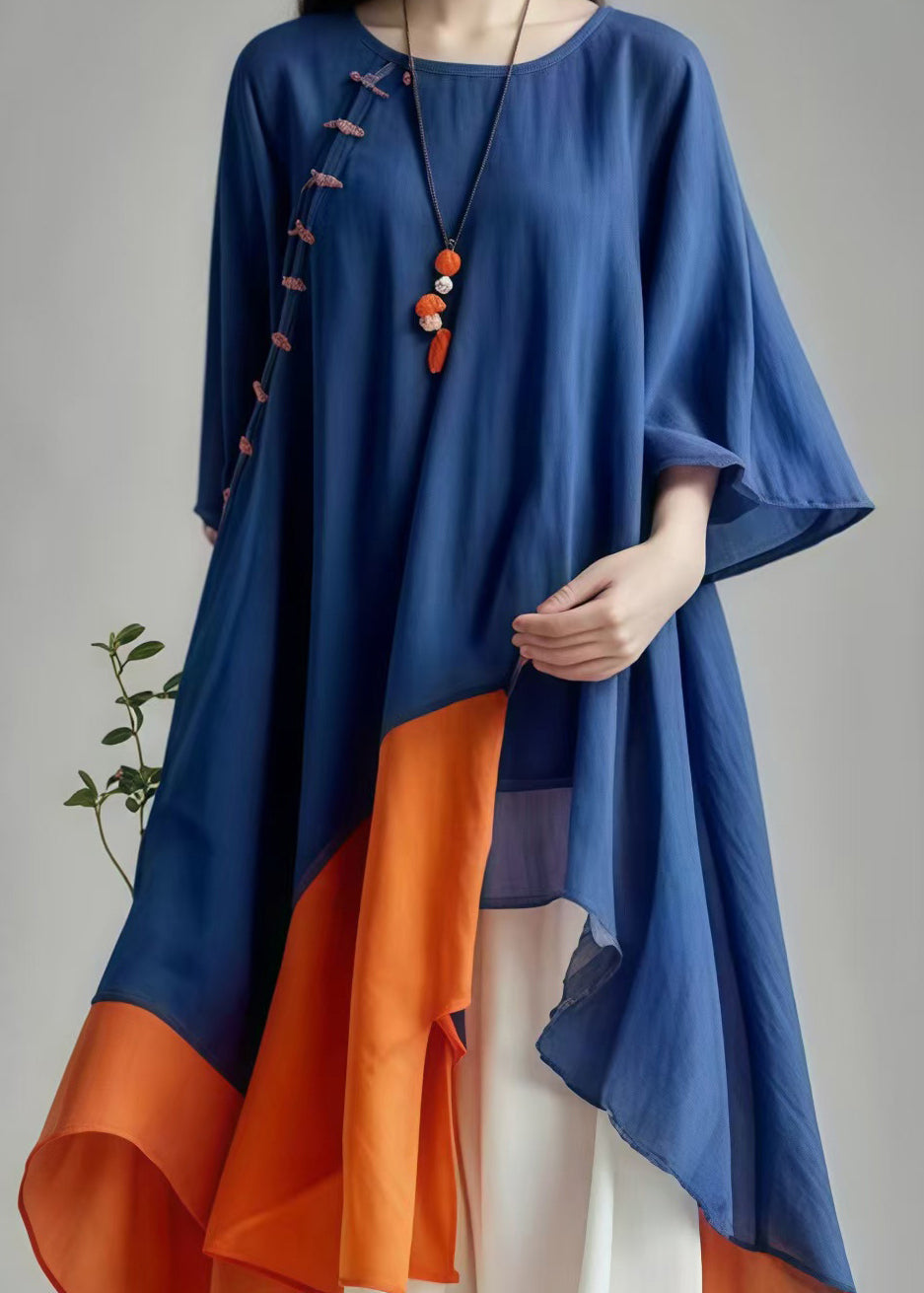 Plus Size Navy Asymmetrical Patchwork Cotton Dress Summer