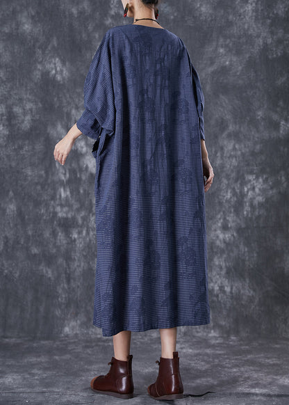 Plus Size Navy Asymmetrical Pockets Striped Linen Gown Dresses Fall