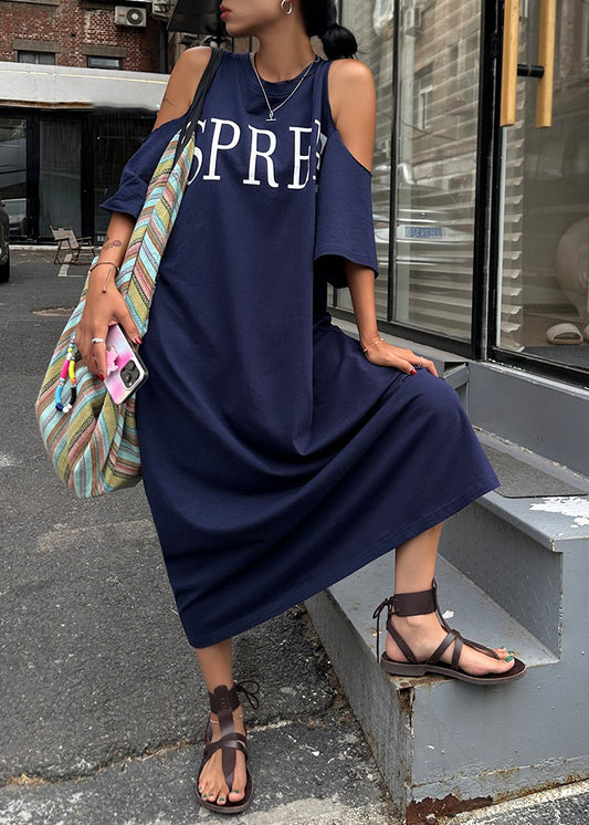 Plus Size Navy Blue Graphic Cold Shoulder Holiday Maxi Dress Short Sleeve
