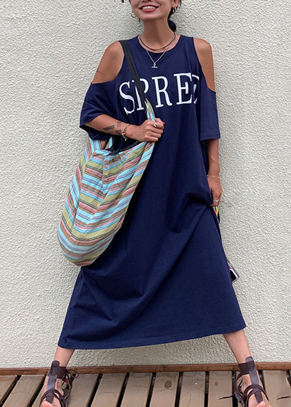 Plus Size Navy Blue Graphic Cold Shoulder Holiday Maxi Dress Short Sleeve