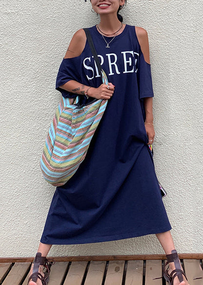 Plus Size Navy Blue Graphic Cold Shoulder Holiday Maxi Dress Short Sleeve