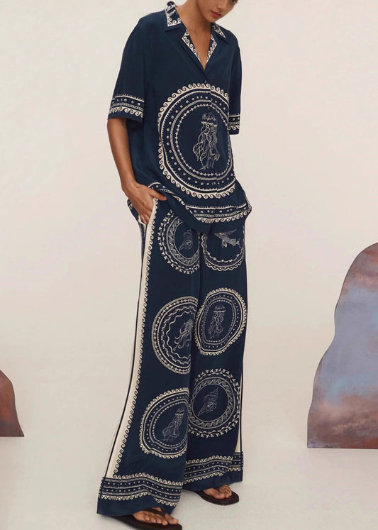 Plus Size Navy Blue Print Top And Wide Leg Pants Two Pieces Set Short Sleeve