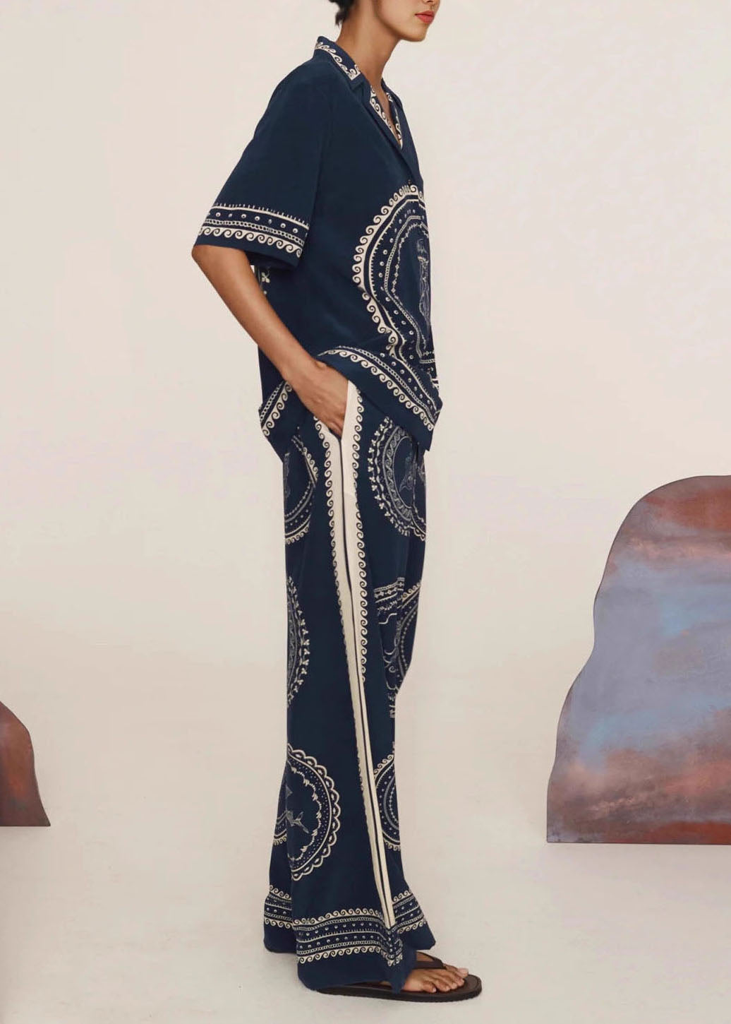 Plus Size Navy Blue Print Top And Wide Leg Pants Two Pieces Set Short Sleeve