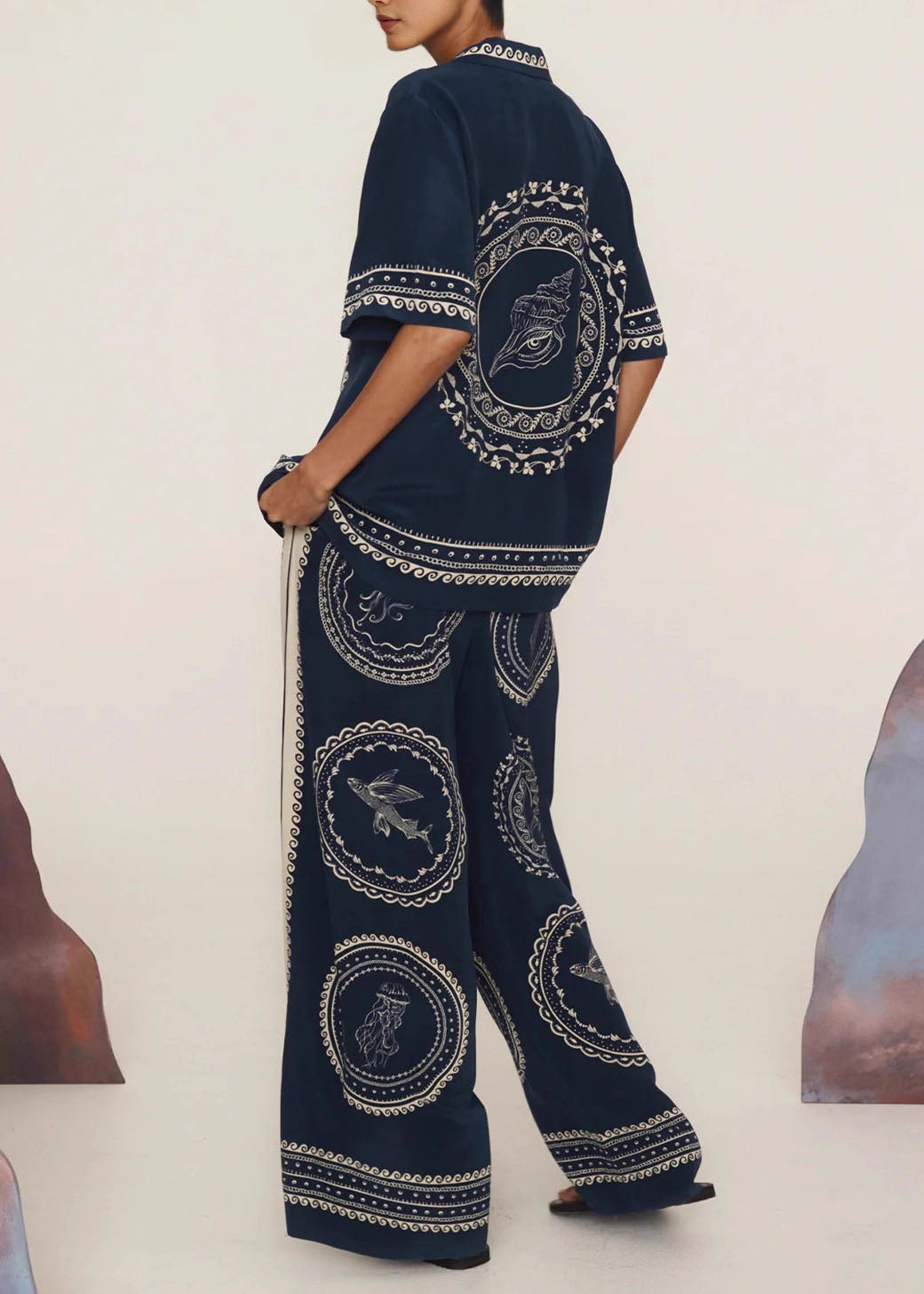 Plus Size Navy Blue Print Top And Wide Leg Pants Two Pieces Set Short Sleeve