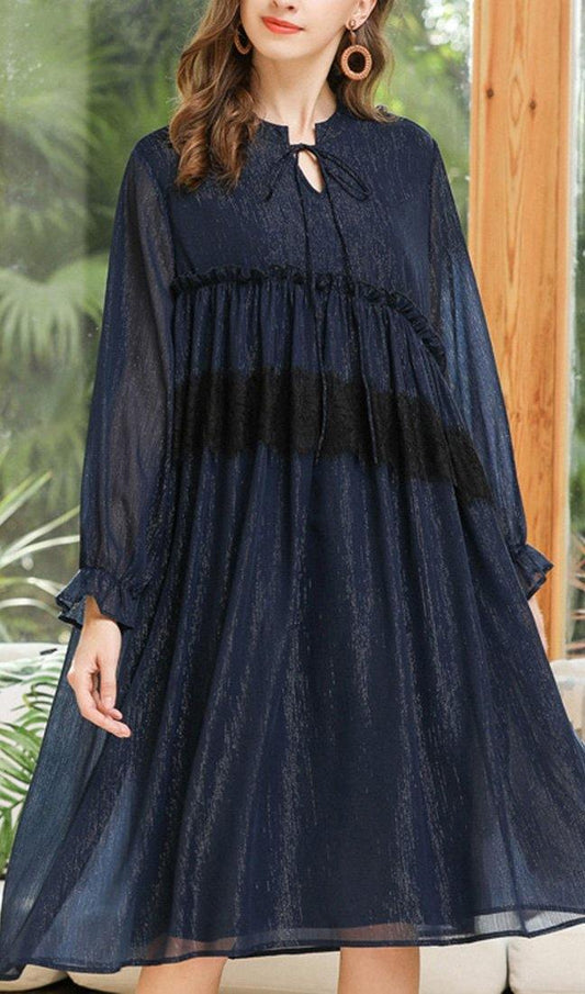 Plus Size Navy Cinched Chiffon O-Neck Summer Maxi Dress - SooLinen