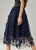 Plus Size Navy Embroidered Floral Tulle Skirts Summer
