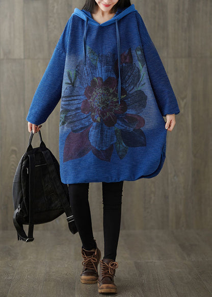 Plus Size Navy Hooded print Patchwork side open Dress Spring