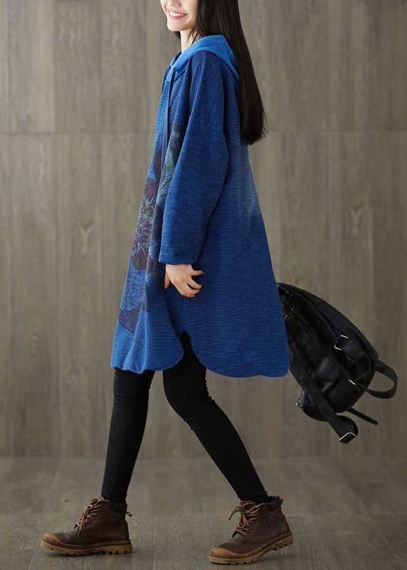 Plus Size Navy Hooded print Patchwork side open Dress Spring