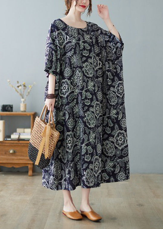 Plus Size Navy O-Neck Print Holiday Long Dress Half Sleeve