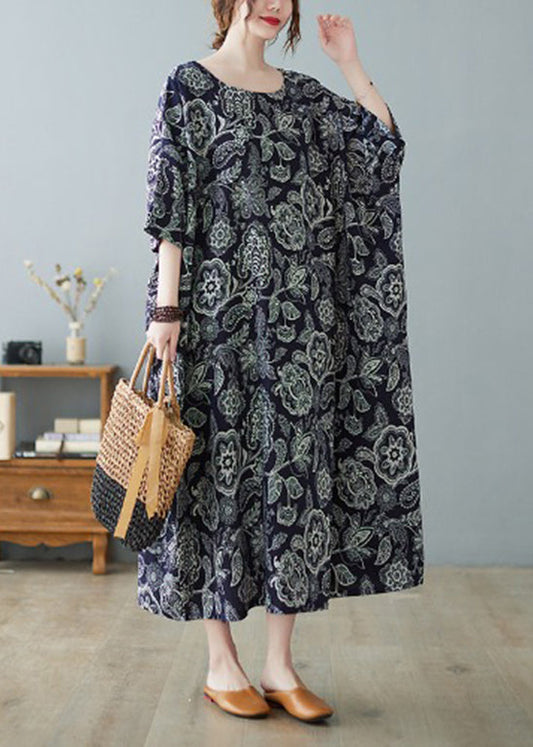 Plus Size Navy O-Neck Print Holiday Long Dress Half Sleeve