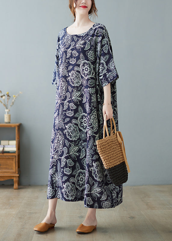 Plus Size Navy O-Neck Print Holiday Long Dress Half Sleeve