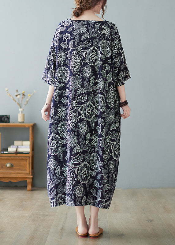 Plus Size Navy O-Neck Print Holiday Long Dress Half Sleeve