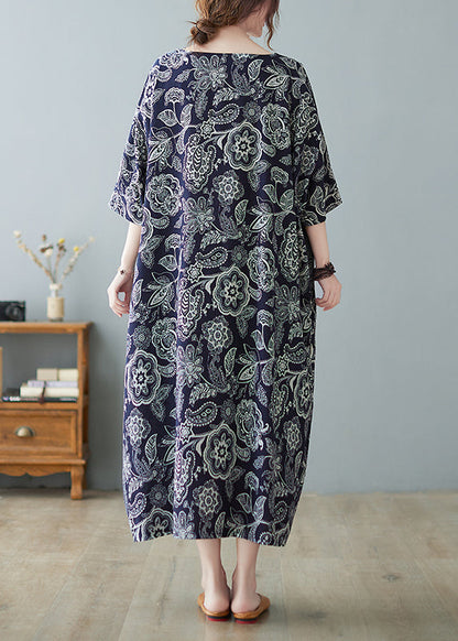 Plus Size Navy O-Neck Print Holiday Long Dress Half Sleeve