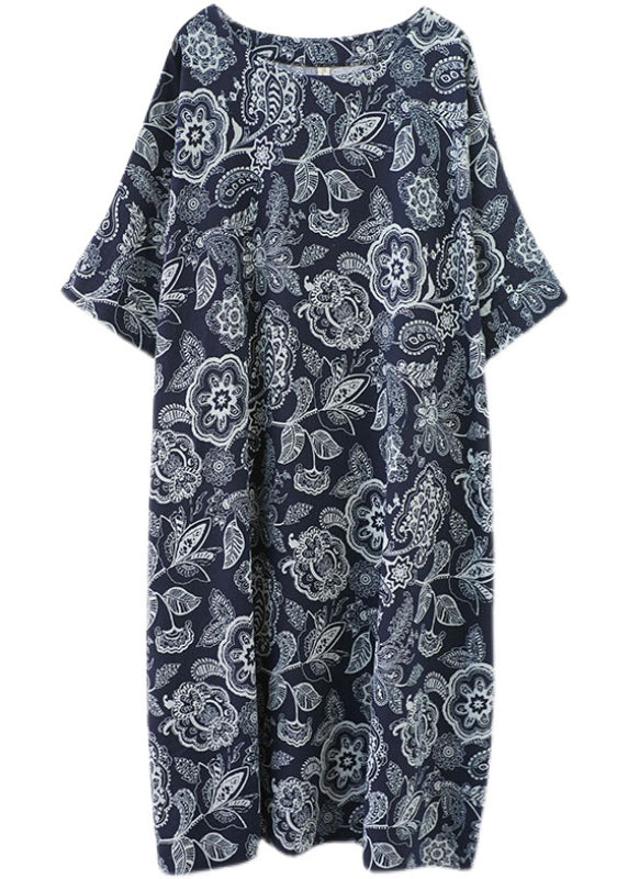 Plus Size Navy O-Neck Print Holiday Long Dress Half Sleeve