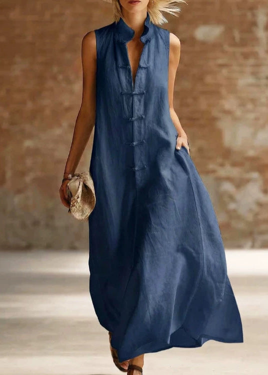 Plus Size Navy Oriental Button Pockets Cotton Maxi Dress Sleeveless
