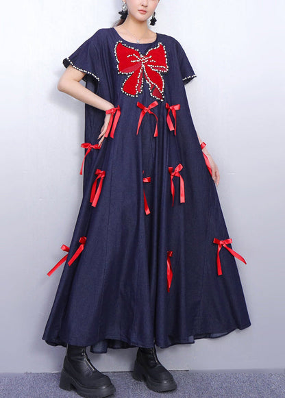 Plus Size Navy Oversized Butterfly Bow Denim Maxi Dresses Summer