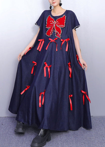 Plus Size Navy Oversized Butterfly Bow Denim Maxi Dresses Summer