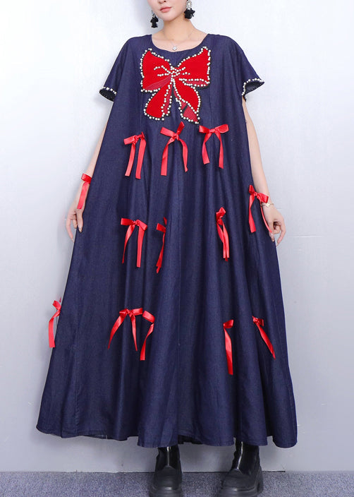 Plus Size Navy Oversized Butterfly Bow Denim Maxi Dresses Summer