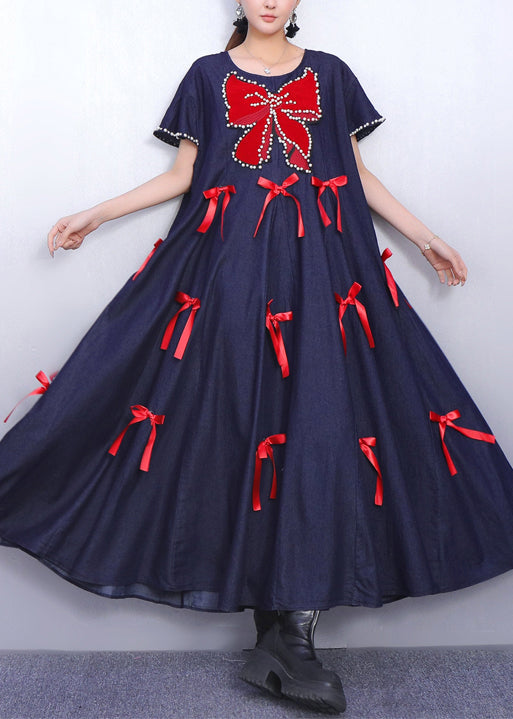 Plus Size Navy Oversized Butterfly Bow Denim Maxi Dresses Summer