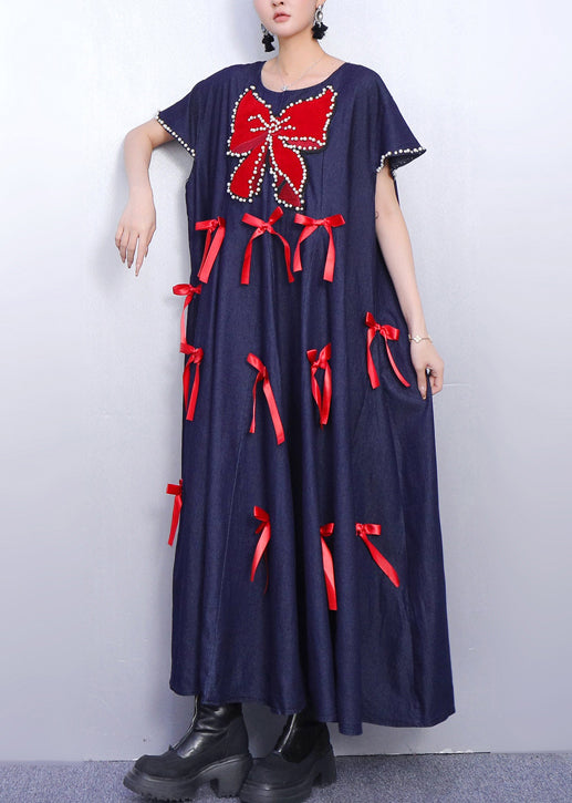 Plus Size Navy Oversized Butterfly Bow Denim Maxi Dresses Summer