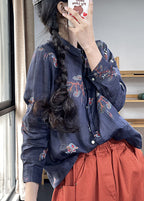 Plus Size Navy Oversized Print Linen Shirts Spring