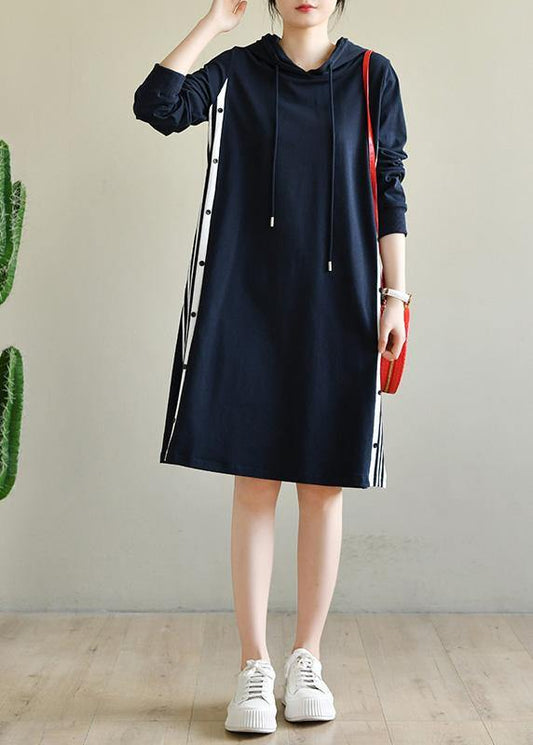 Plus Size Navy Patchwork Cotton hooded Dresses - SooLinen
