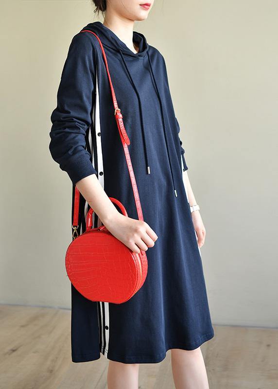 Plus Size Navy Patchwork Cotton hooded Dresses - SooLinen