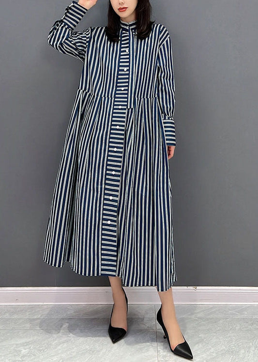 Plus Size Navy Stand Collar Striped Cotton Shirt Dress Fall