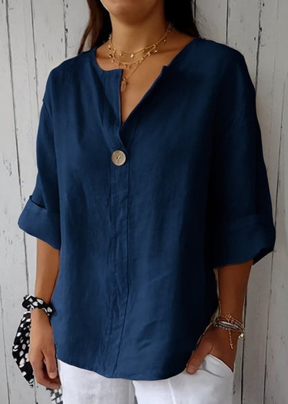 Plus Size Navy V Neck Button Cotton Top Summer