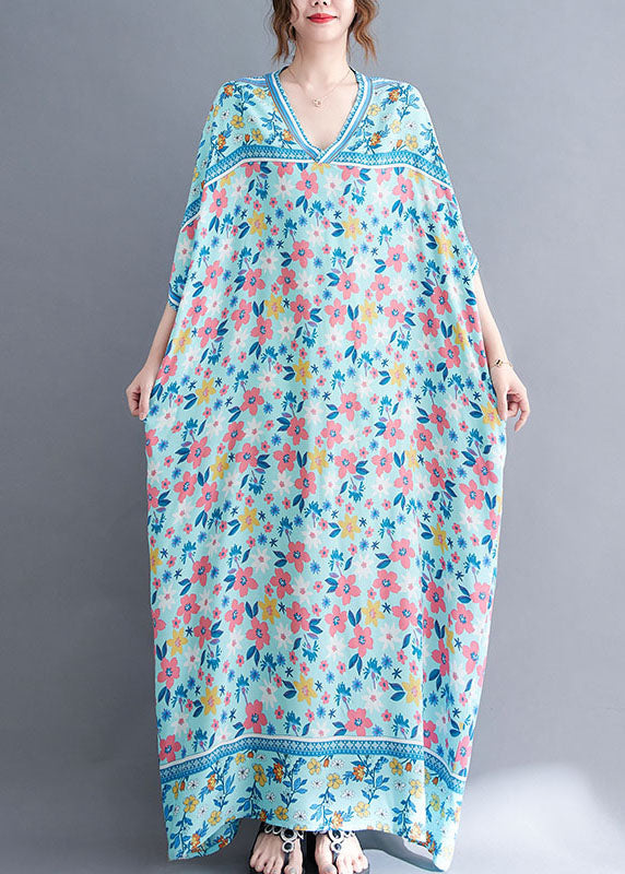 Plus Size Navy V Neck Print Oversized Cotton Long Dress Gown Short Sleeve