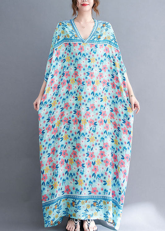 Plus Size Navy V Neck Print Oversized Cotton Long Dress Gown Short Sleeve