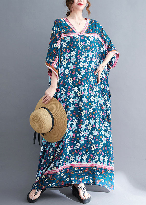 Plus Size Navy V Neck Print Oversized Cotton Long Dress Gown Short Sleeve