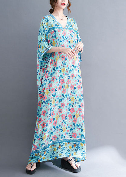 Plus Size Navy V Neck Print Oversized Cotton Long Dress Gown Short Sleeve