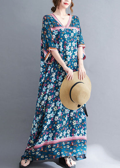 Plus Size Navy V Neck Print Oversized Cotton Long Dress Gown Short Sleeve