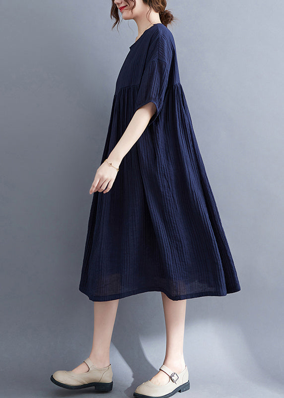Plus Size Navy Wrinkled Exra Large Hem Cotton Vacation Dress Summer