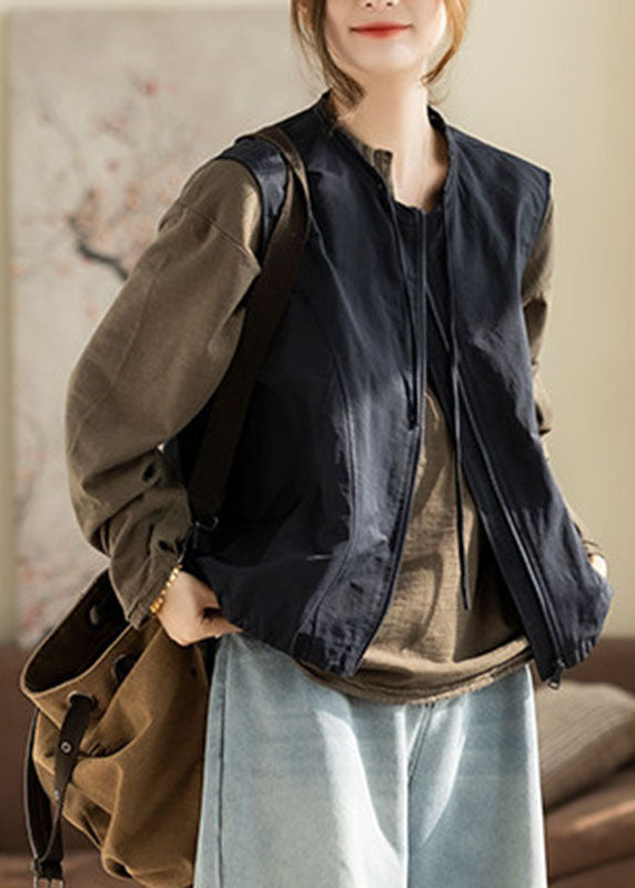 Plus Size Navy Zip Up Pockets Solid Waistcoat Fall