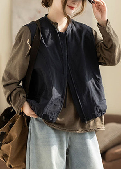 Plus Size Navy Zip Up Pockets Solid Waistcoat Fall