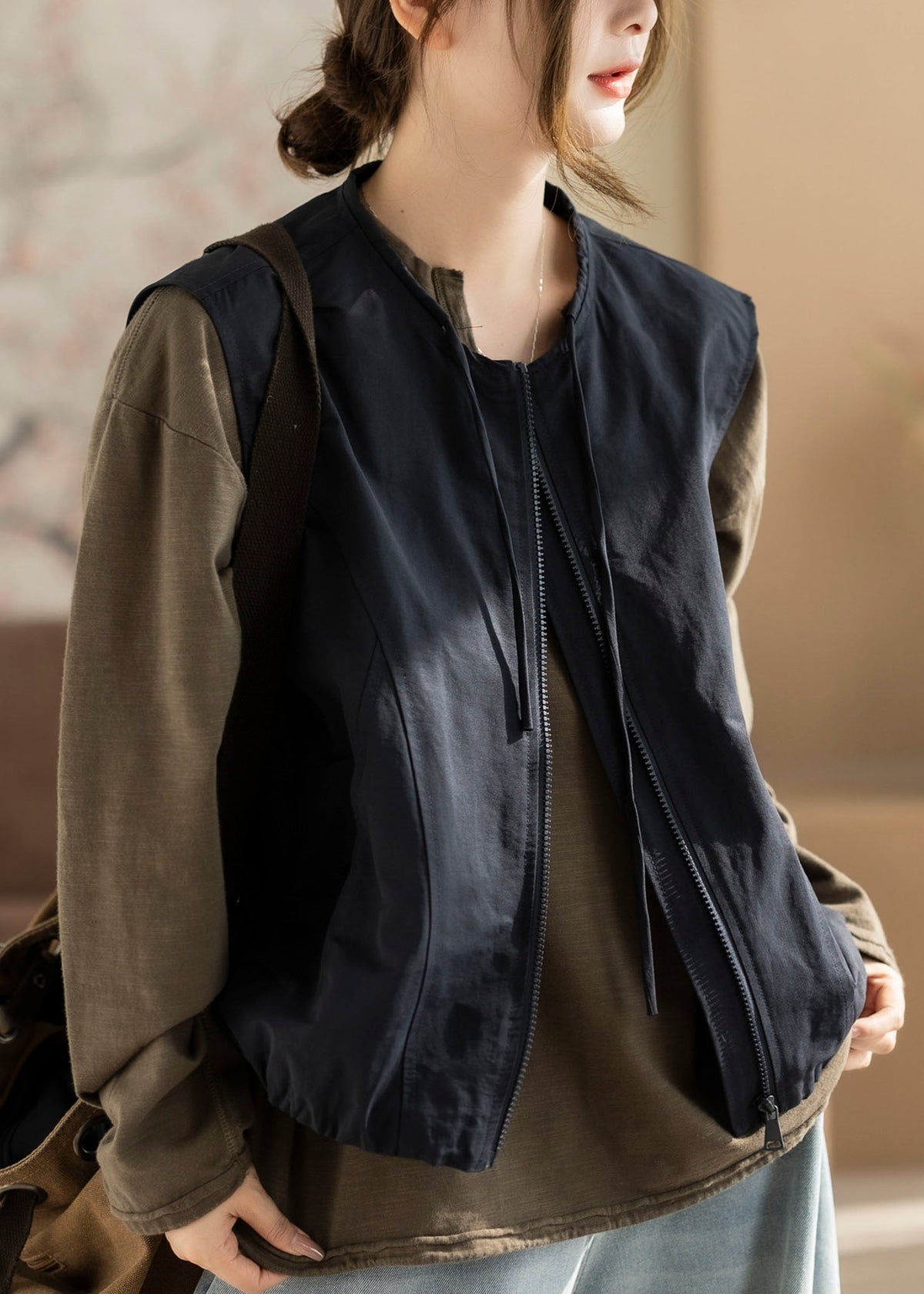 Plus Size Navy Zip Up Pockets Solid Waistcoat Fall