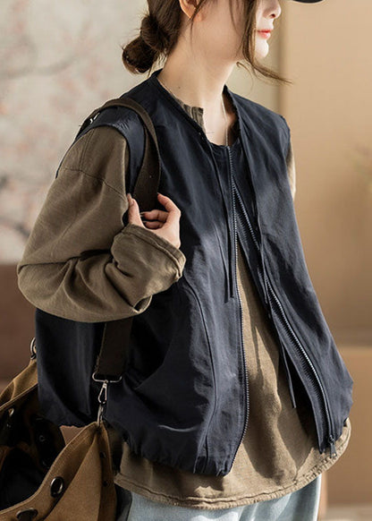 Plus Size Navy Zip Up Pockets Solid Waistcoat Fall