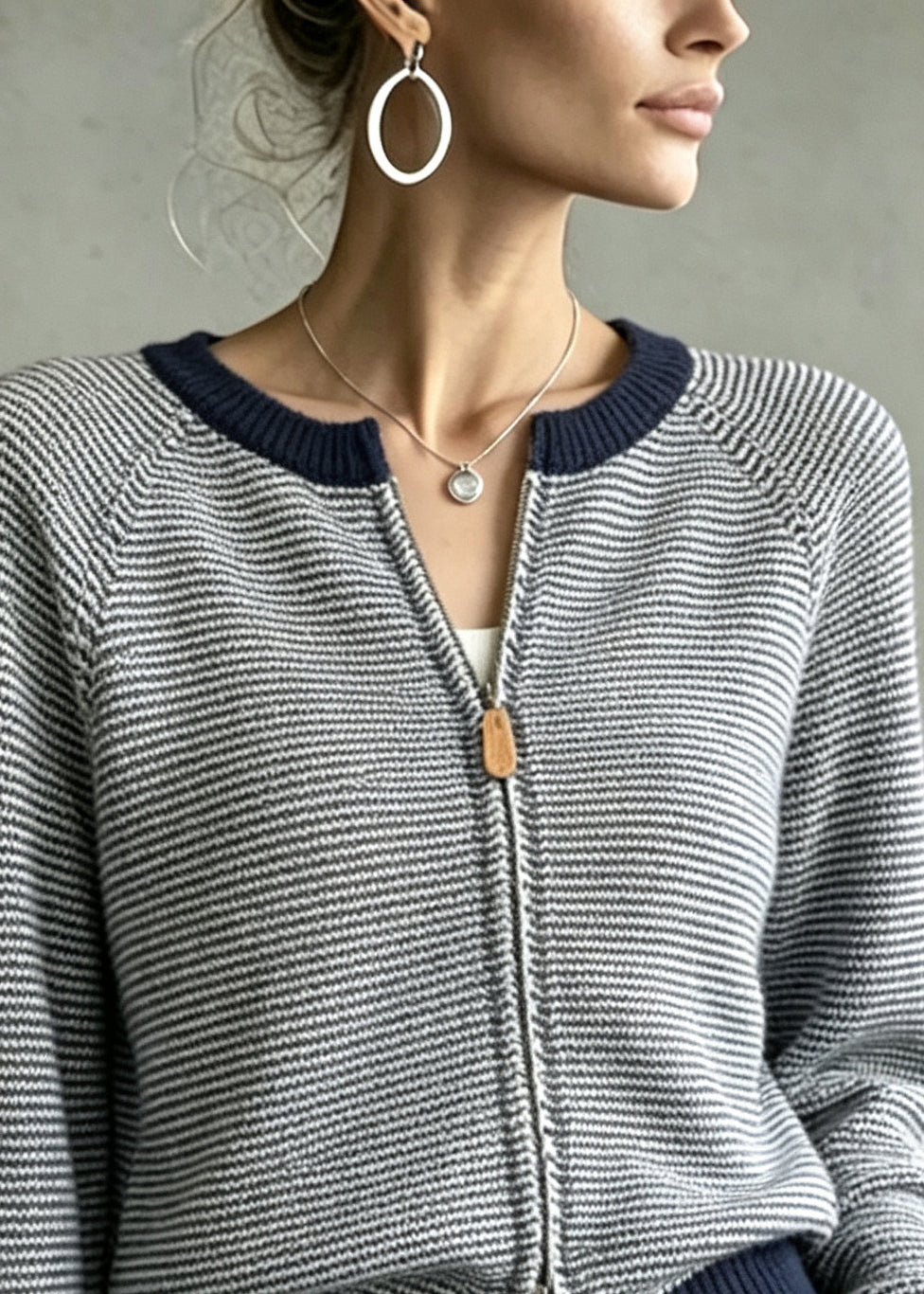 Plus Size Navy Zip Up Striped Knit Cardigan Fall