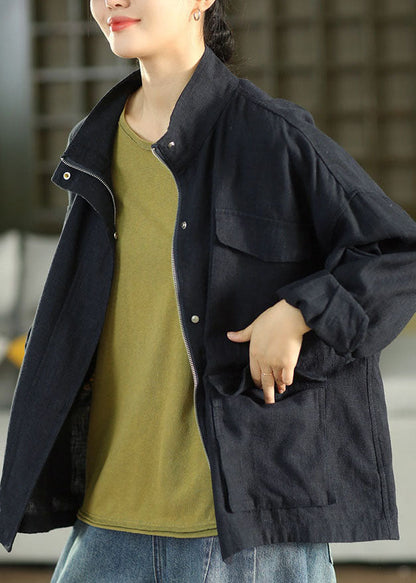 Plus Size Navy Zippered Pockets Drawstring Coat Fall