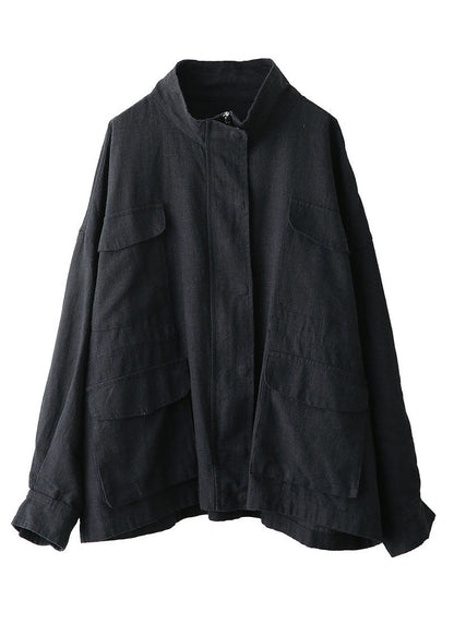 Plus Size Navy Zippered Pockets Drawstring Coat Fall