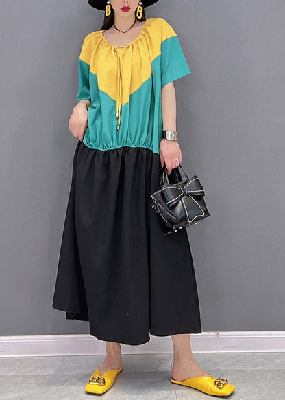 Plus Size O-Neck Patchwork Drawstring Wrinkled Chiffon Dress Short Sleeve