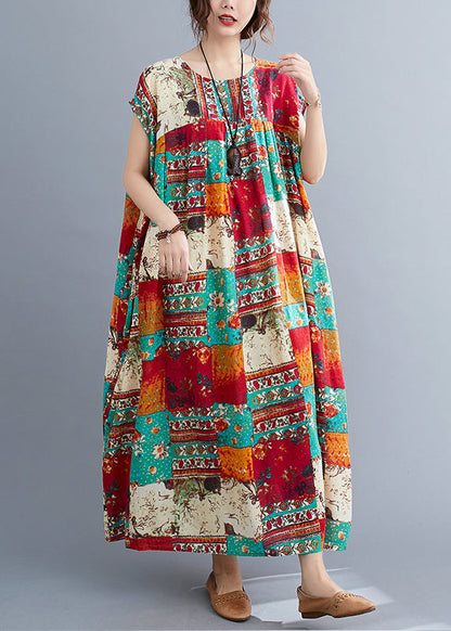 Plus Size O-Neck Patchwork Print Long Dresses Short Sleeve