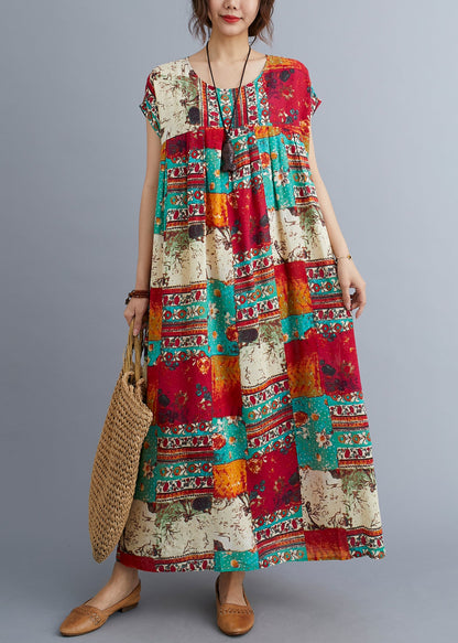 Plus Size O-Neck Patchwork Print Long Dresses Short Sleeve