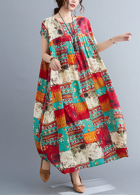 Plus Size O-Neck Patchwork Print Long Dresses Short Sleeve