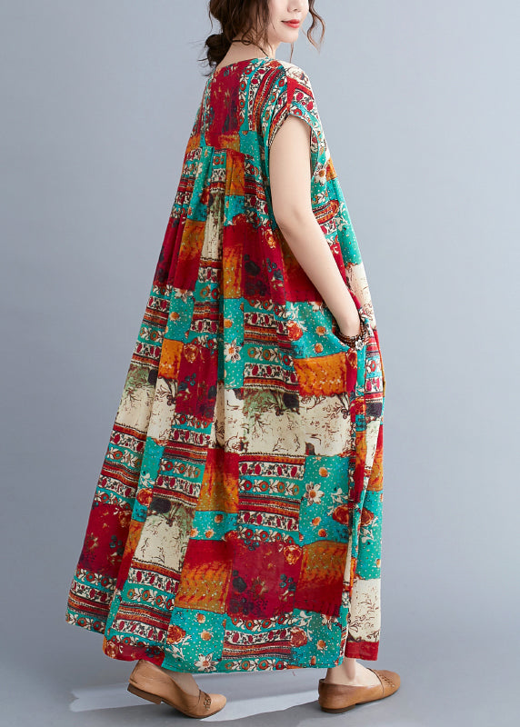 Plus Size O-Neck Patchwork Print Long Dresses Short Sleeve